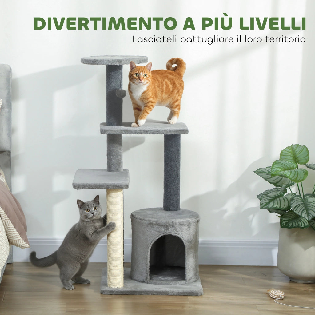 Albero per Gatti Multilivello con Tiragraffi Sisal e Casetta ¨C Zephmum ¨C Grigio 103 cm