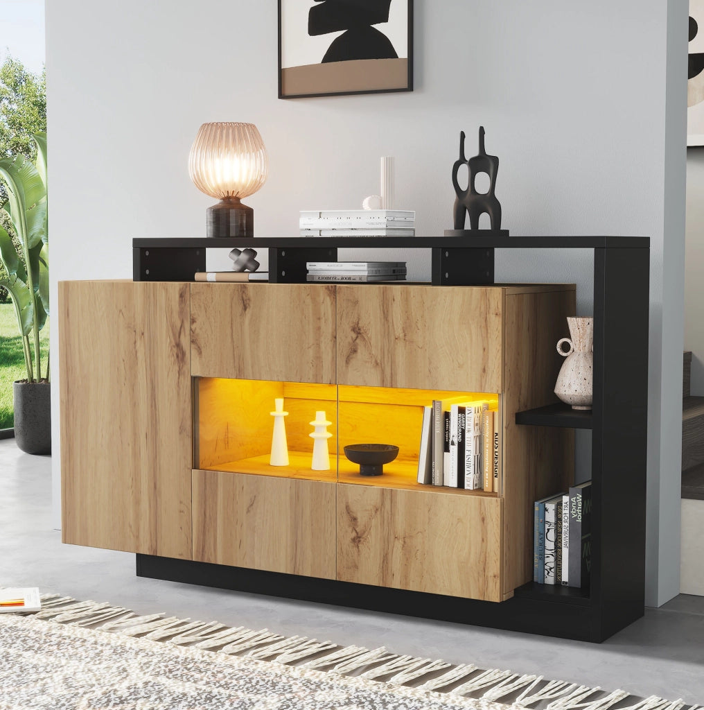 Sideboard LED 140x44x94 cm in MDF effetto legno con ante in acrilico