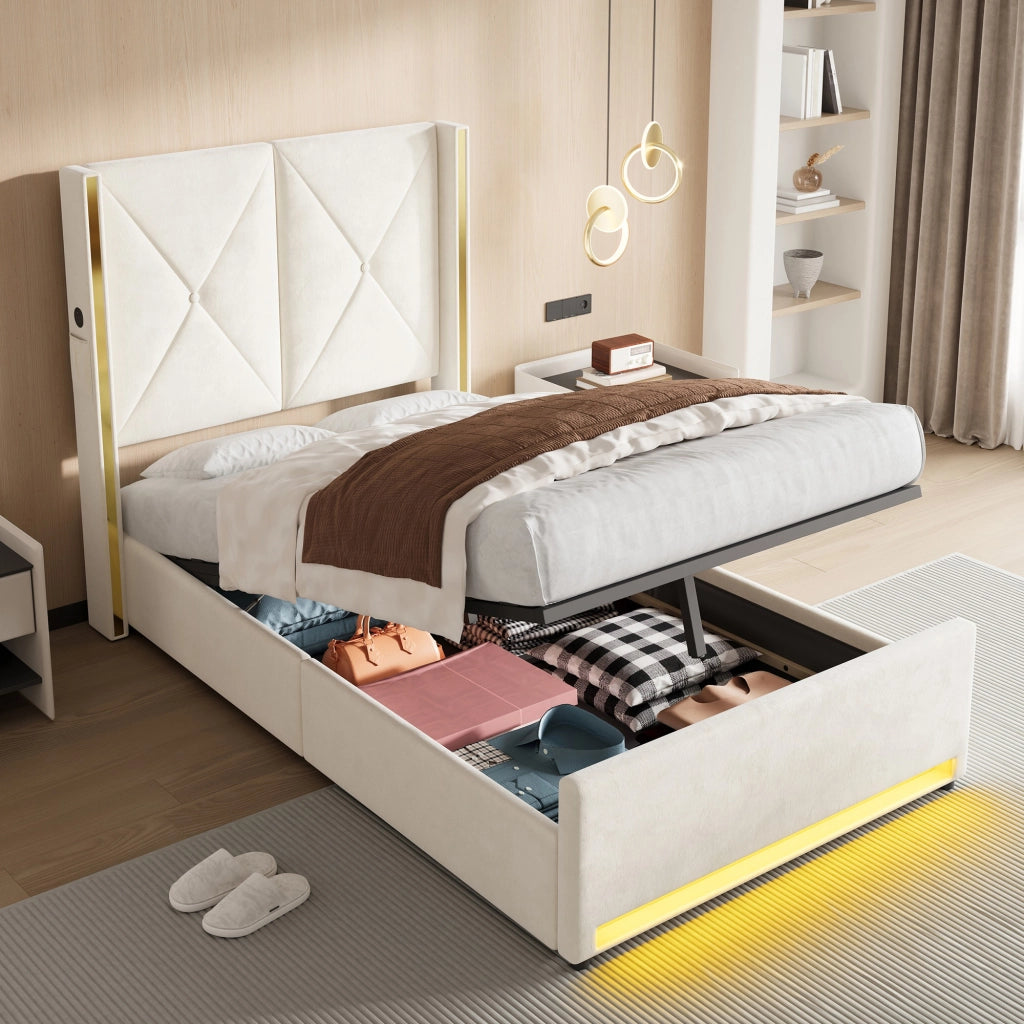 LETTO imbottito 90x200 cm in velluto beige con testiera alta e contenitore