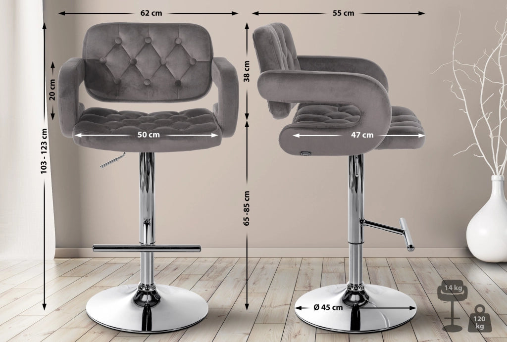 Sgabello da bar in velluto Dublin grigio,Metallo in look cromato