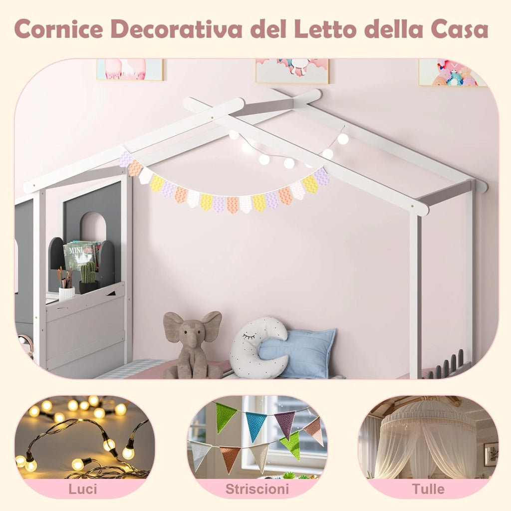 Letto Matrimoniale/Singolo con Scrivania, Letto Piattaforma in Legno con Testiera a Staccionata Ganci e Cassetti, 200x140/200x90 cm, Carico 320/150kg (200x90 cm)