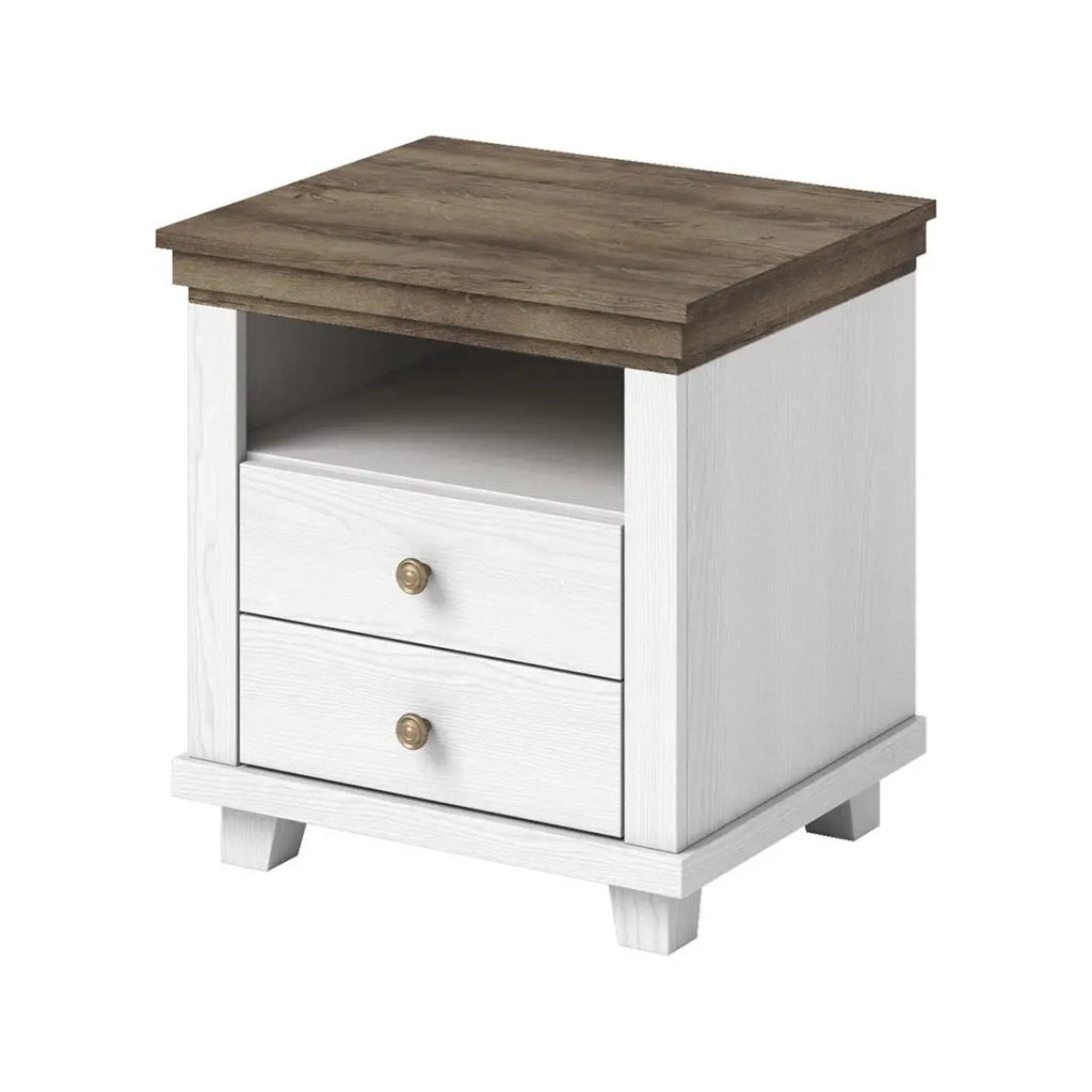 Tavolino da notte ASSIA – 2 cassetti + 1 vano – Bianco e rovere – Stile scandinavo