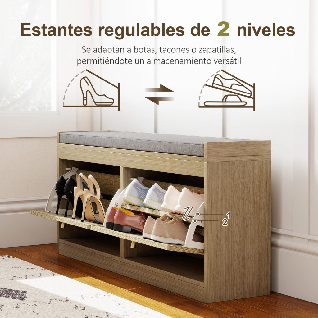 Scarpiera con seduta imbottita e ante in rattan ¨C zephmum ¨C naturale 60x40x80 cm