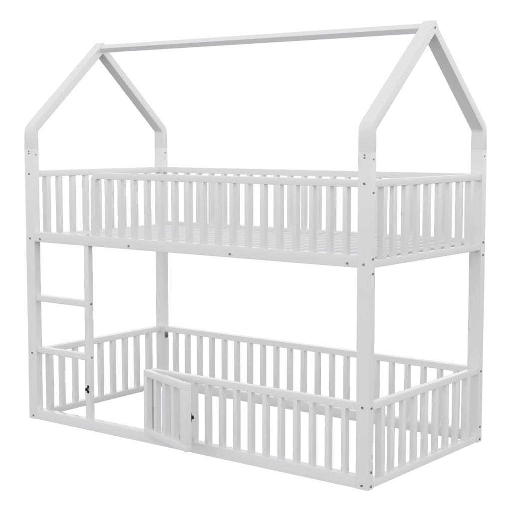 Letto a Castello 90x200 cm con Scala Frontale e Porta Apribile; in Metallo; Bianco