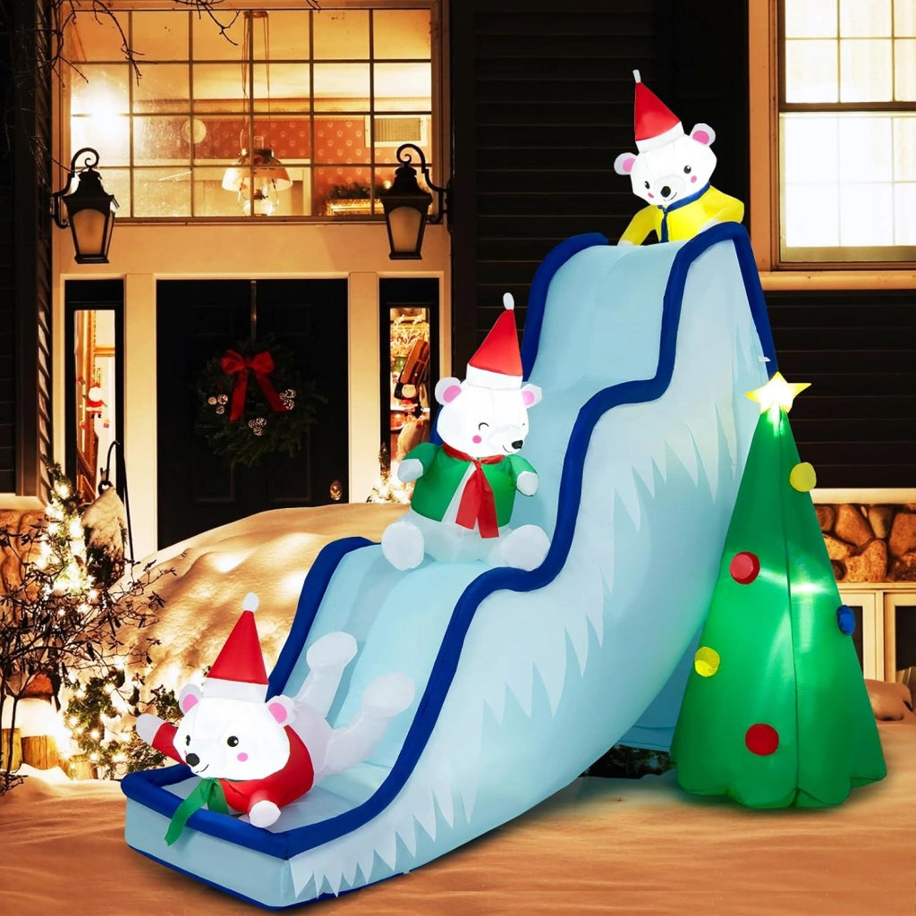 SOARS Decoration Noel, orso polare su scivolo gonfiabile, 270 x 142 x 220 cm, con 6 luci LED bianche integrate, decorazione natalizia per esterni e interni casa per giardino, cortile, prato, soggiorno