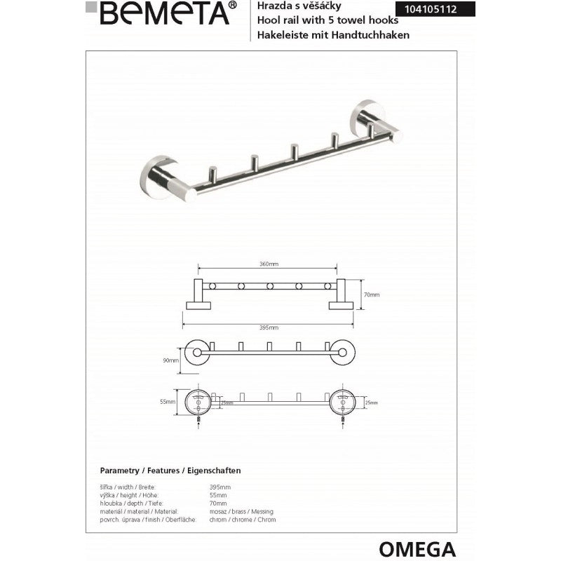 Gancio OMEGA 5 ganci ottone cromato 39,5x5,5x7cm