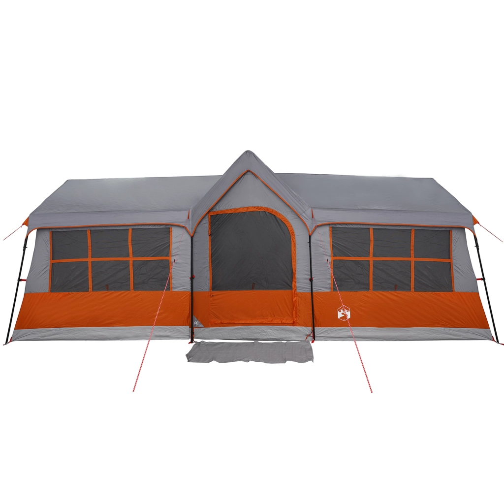 Tenda da campeggio impermeabile per 12 persone con finestre grigia e arancione.