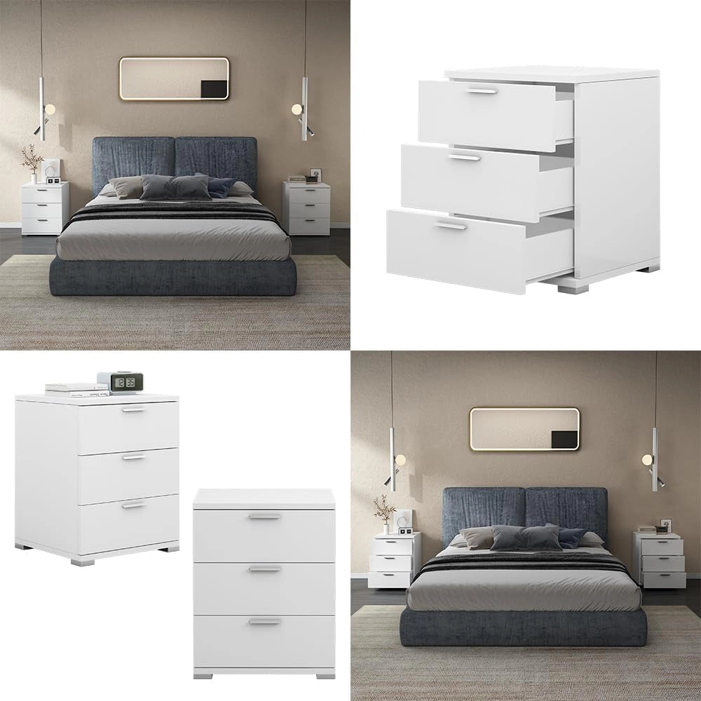 Comodino camera da letto Marseille, Bianco, 46.2 x 60 cm, adatto per riporre oggetti di uso quotidiano e lampade