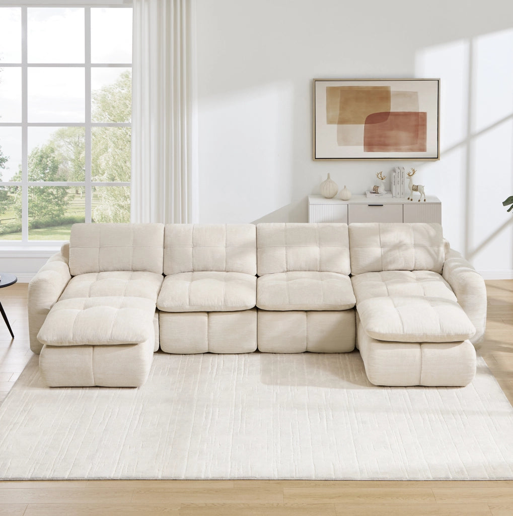 Divano modulare U in chenille; 334x160x68 cm; beige
