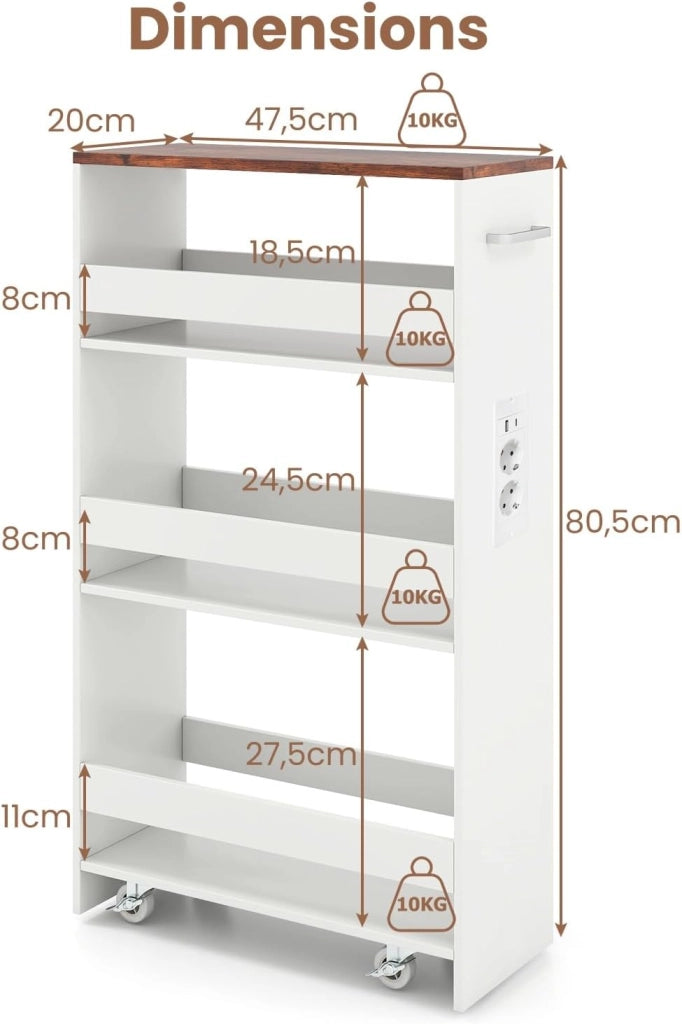 Scaffale per Nicchia da 20 cm di Larghezza, con Base di Ricarica, 4 Piani in Legno su Ruote, Scaffale Sottile per Cucina e Bagno, Carrello a Rotelle (Industriale+Bianco, Largo 20cm, con presa)