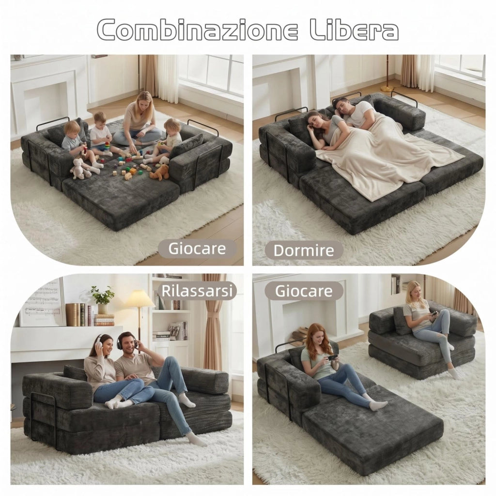 Divano compatto, divano letto pieghevole, moduli senza struttura, tessuto chenille, nero