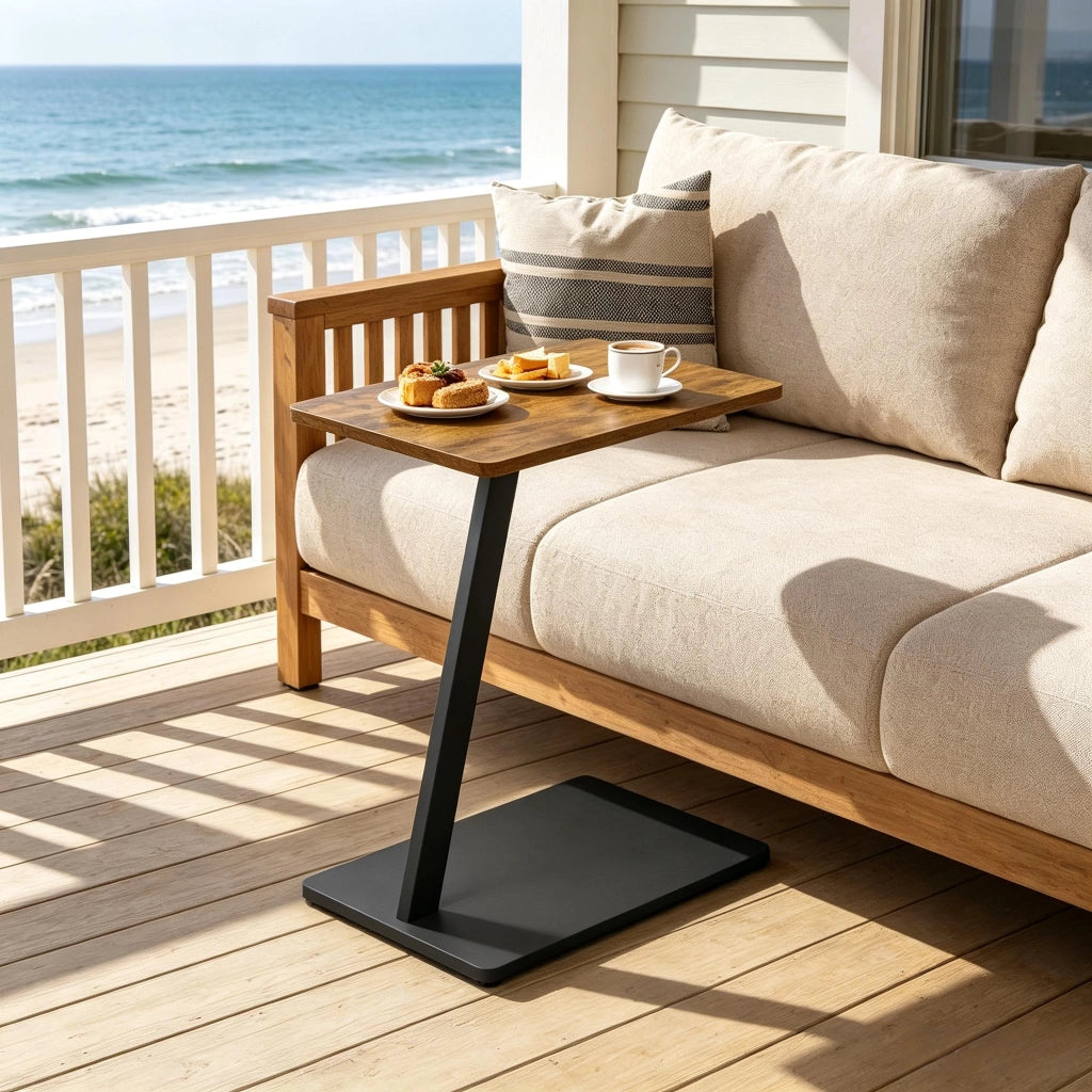 Tavolino basso a C con base in metallo, piano in MDF, salvaspazio per soggiorno e camera da letto, nero 48 × 64,5 × 33 cm