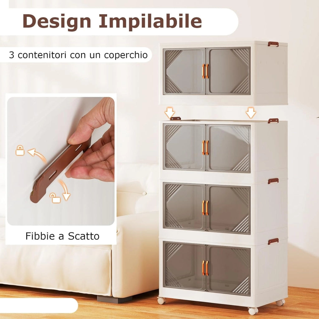 Contenitori da Stoccaggio Pieghevoli con Coperchio da 213/284 L, Scatole Impilabili a 3/4 Piani con Ruote, Organizzatore Pieghevole con Porte per Camera da Letto Soggiorno (65 x 39 x 142 cm)