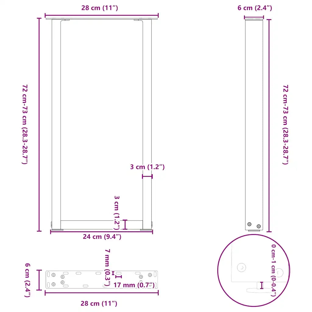 Gambe per Tavolo Consolle a Forma di U 2 pz Nere 28x(72-73) cm Acciaio 4013168