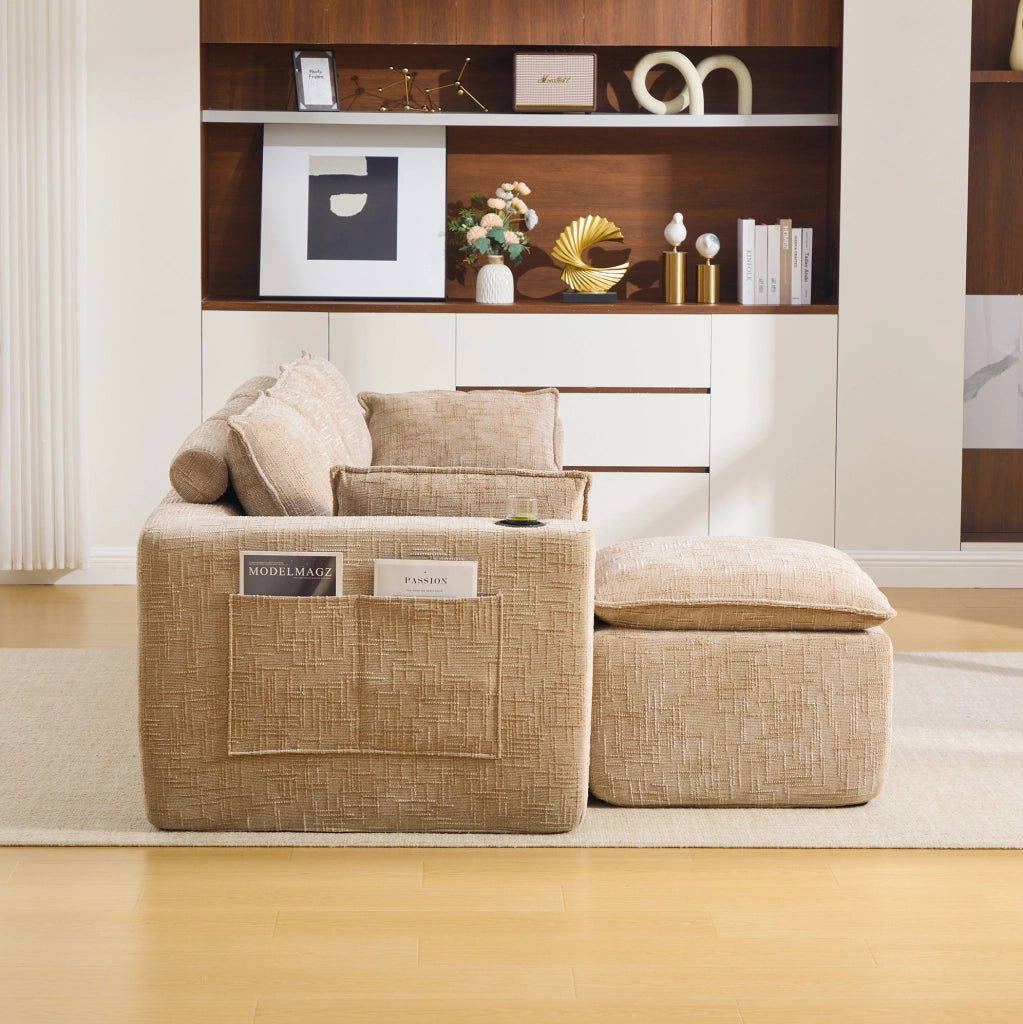 Divano modulare 3 posti con pouf in ciniglia kaki 256x161 cm HAVRYA