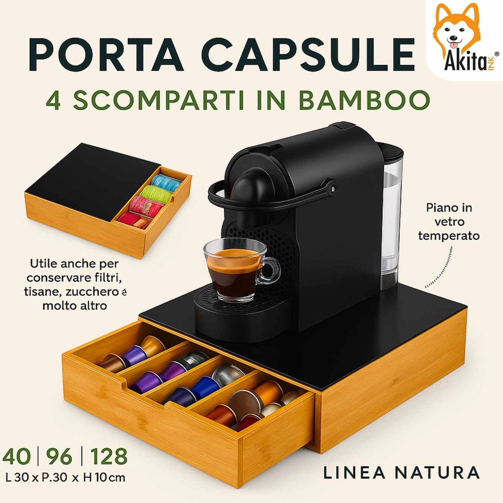 Akitaink Porta Cialde Capsule Bambu 30x30 Vetro