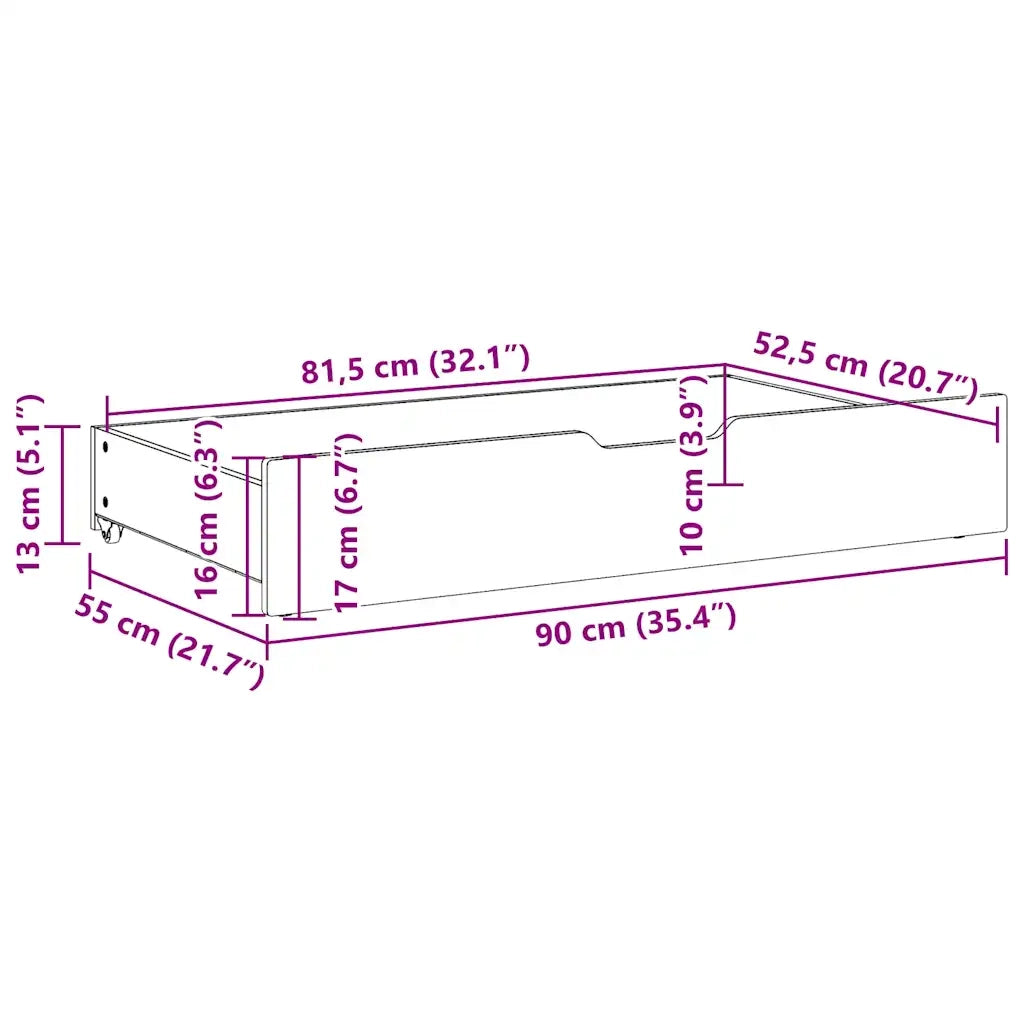 Cassettoni Letto con Ruote 2 pz 90x55x17 cm Legno Massello Pino