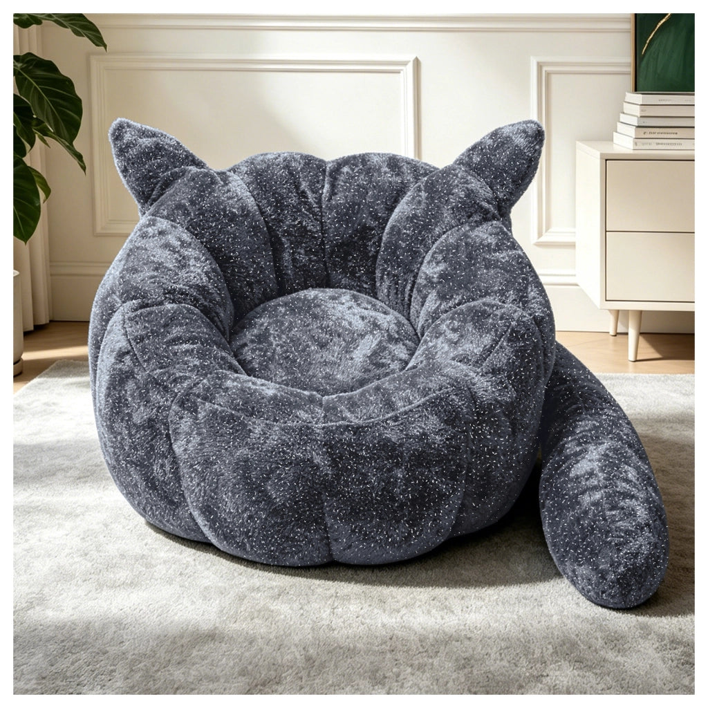 Pouf a forma di volpe in flanella glitterata grigio per camera, salotto e relax