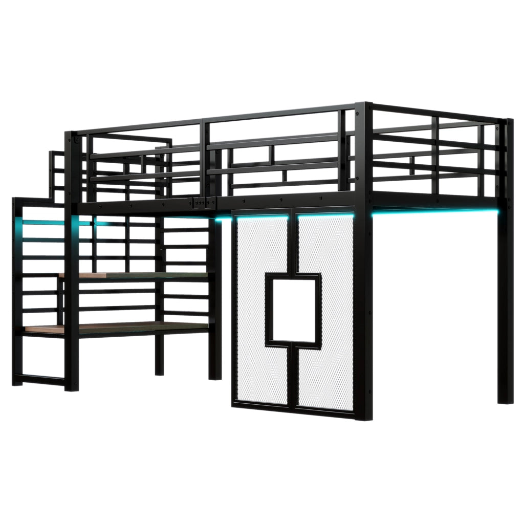 Letto a soppalco 90x200 cm in metallo con scala contenitore e LED