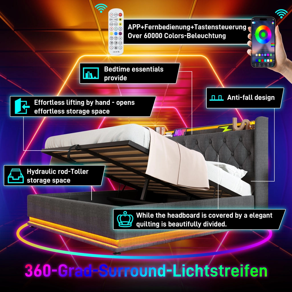 Letto Contenitore 140 x 190 cm; Letto Matrimoniale - LED; USB; Type-C e Mensole - Grigio