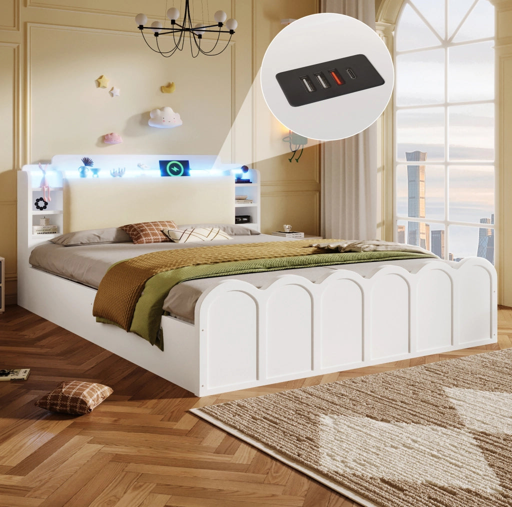 Letto a una piazza e mezza 140x200 cm con contenitore idraulico; LED e porte USB; bianco
