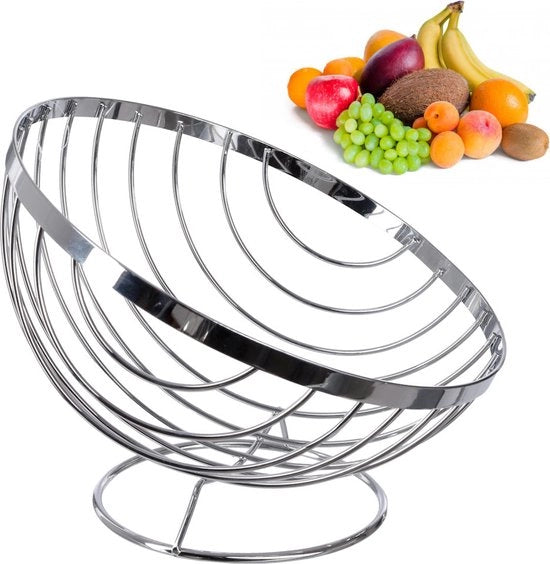 Scatola per Frutta a Disco - Scatola per Frutta - Design a Disco per Frutta - Materiale Metallo - Dimensioni 26,5 x 24 x 19 Cm - Colore Argento