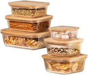 Set di contenitori in vetro per alimenti da 6, coperchio in legno di bambù, diverse misure, impermeabile, ariostato, lavastoviglie resistente, magnetron resistente e forno resistente