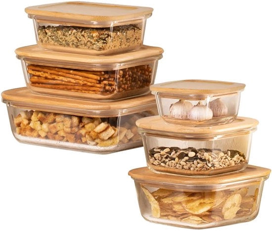 Set di contenitori in vetro per alimenti da 6, coperchio in legno di bambù, diverse misure, impermeabile, ariostato, lavastoviglie resistente, magnetron resistente e forno resistente