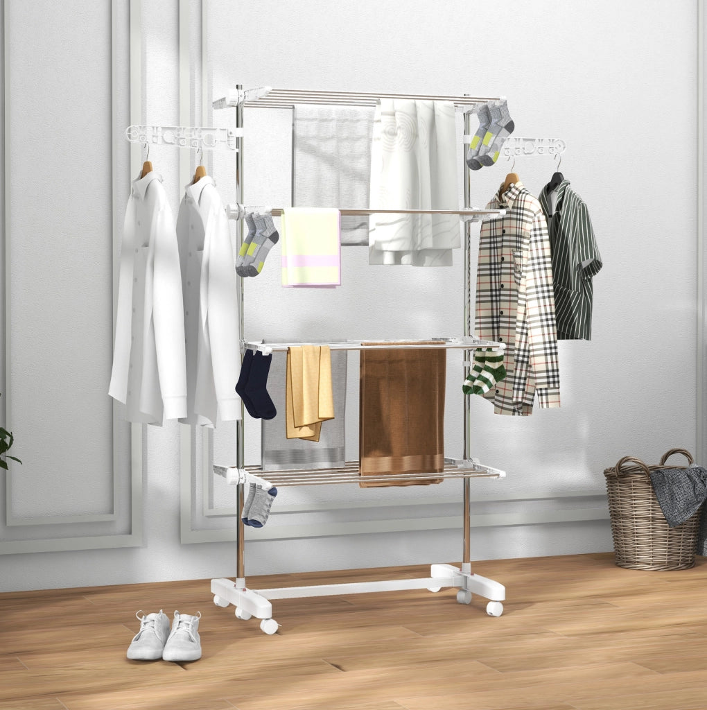 Stendibiancheria pieghevole con ruote, 3 livelli, bianco
