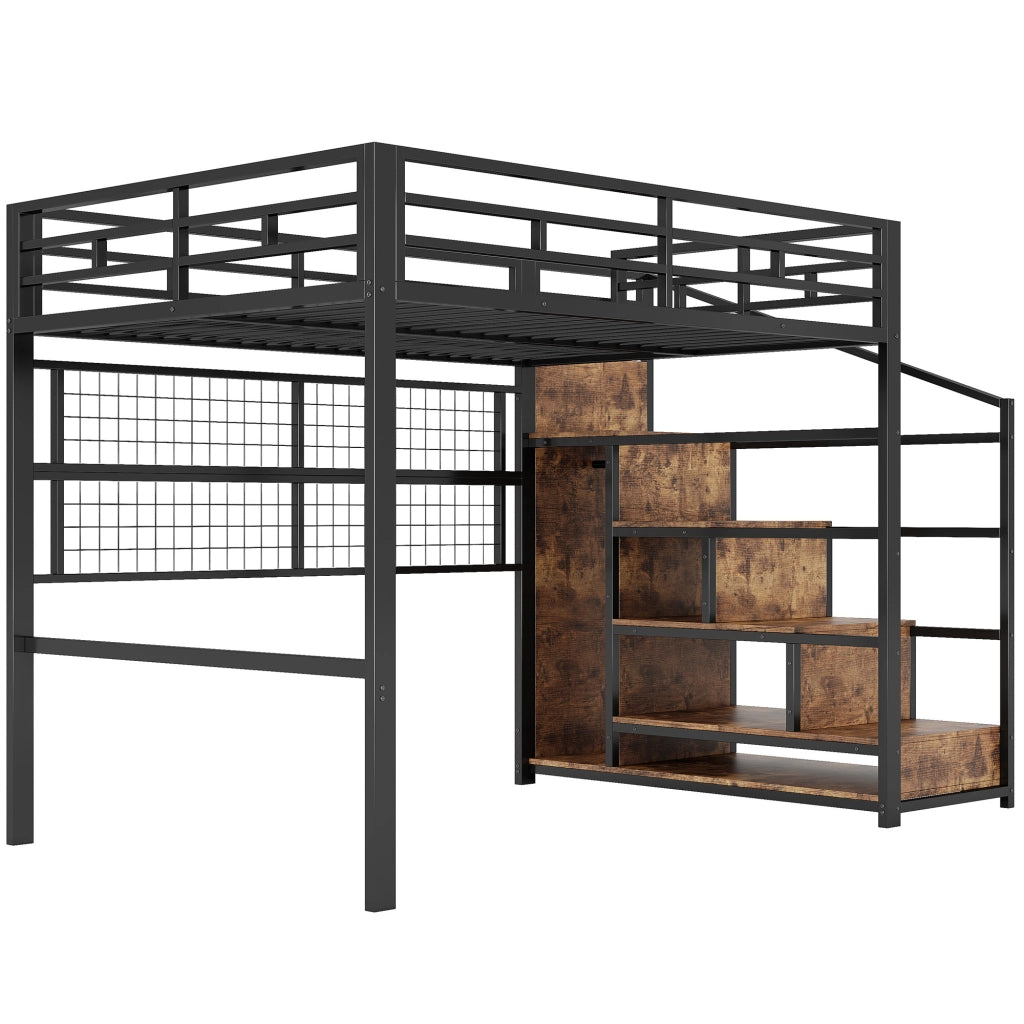 Letto a castello nero in metallo con armadio e scala portaoggetti 140x200 cm