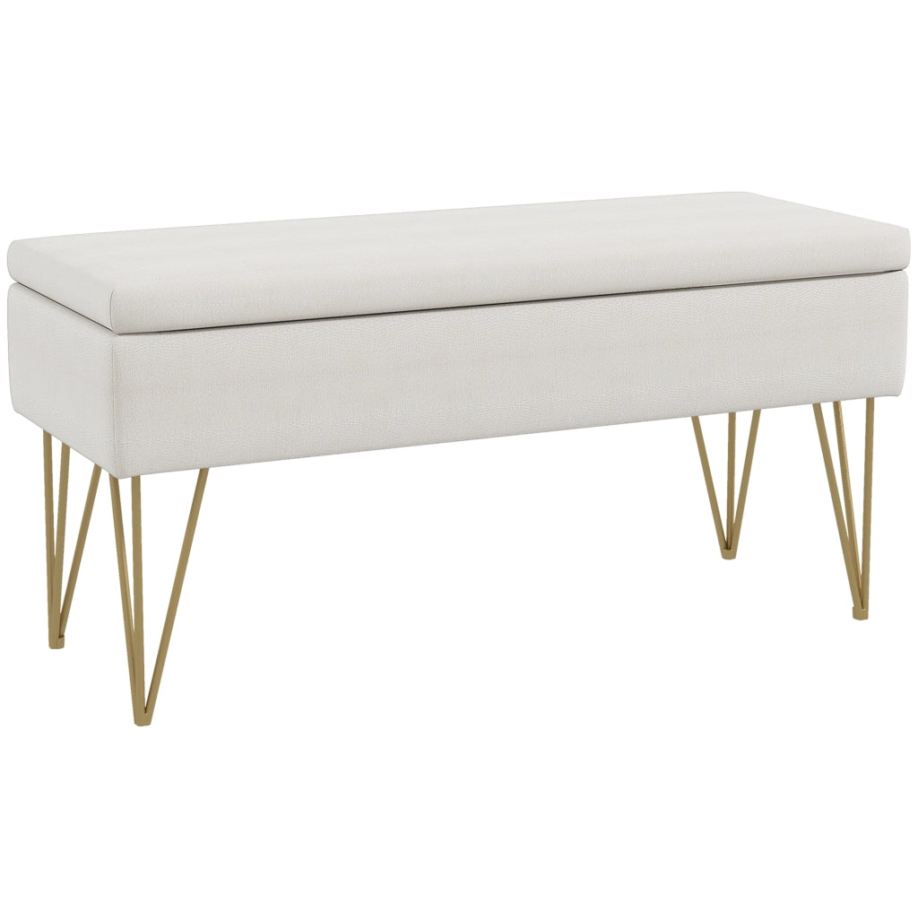 Panca imbottita contenitore 100 x 40 x 49 cm, tessuto effetto lino, bianco crema, struttura in acciaio