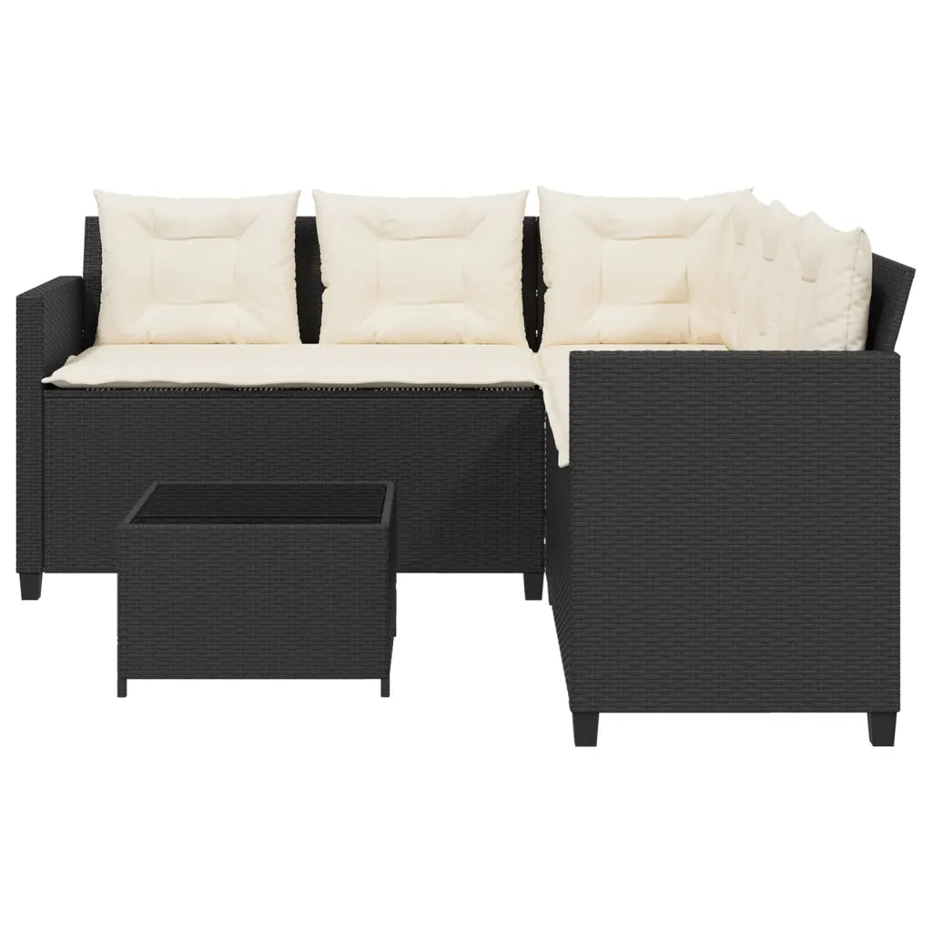 Divano da Giardino con Tavolo e Cuscini a L Nero in Polyrattan 369039
