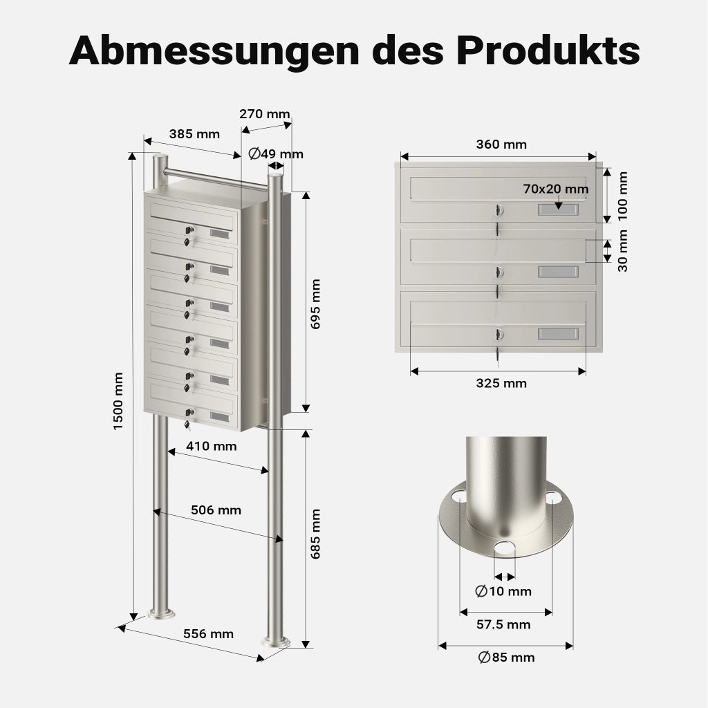 Cassetta postale condominiale autoportante 6 posti, acciaio inox, 1 modulo, 556 x 270 x 1500 mm