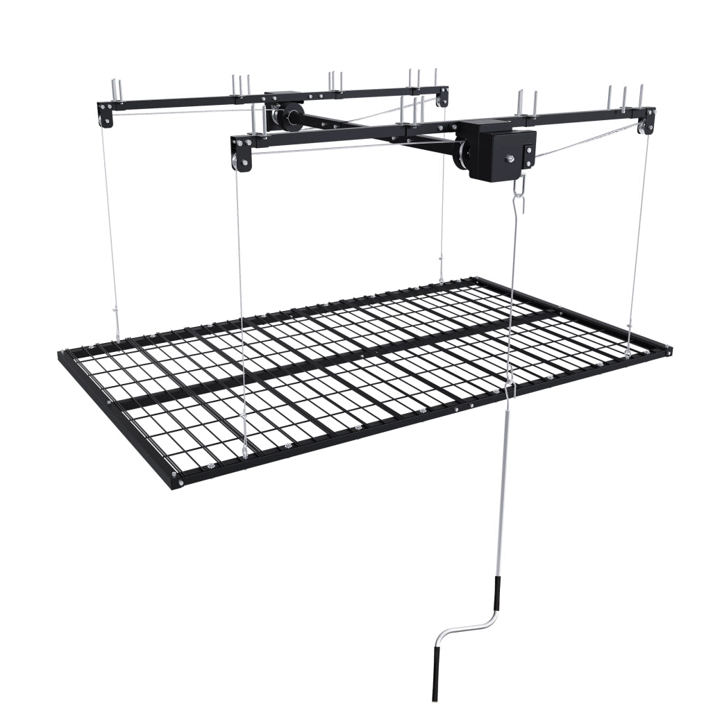 Scaffale da soffitto con sistema a manovella e bloccaggio manuale per garage in acciaio nero 120×240 cm