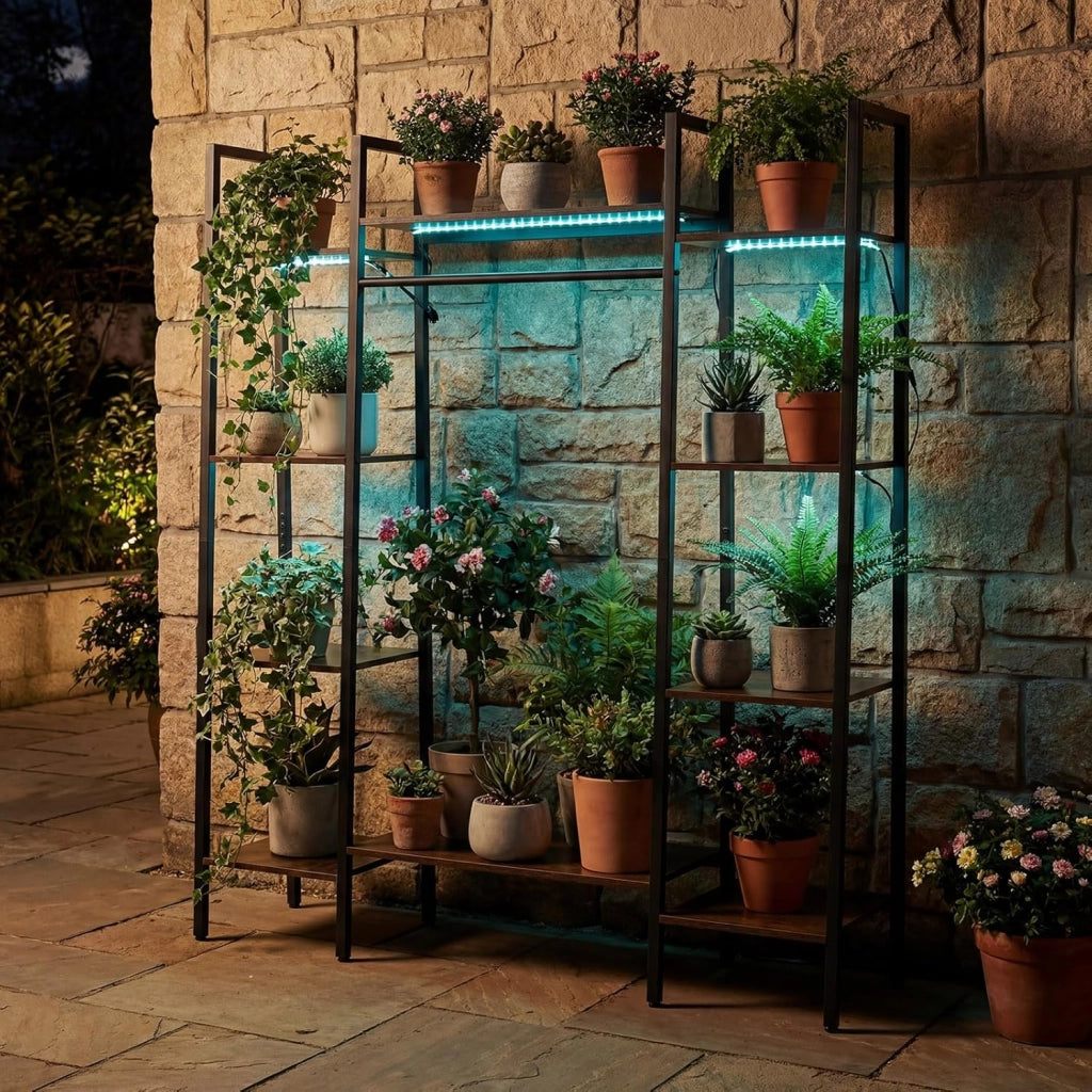 Scaffale Portapiante con Luci Regolabili, Scaffale Portavasi a 10 Ripiani con Telecomando e 4 Modalità d'Illuminazione, Portafiori da Interno ed Esterno in Legno e Metallo, Marrone