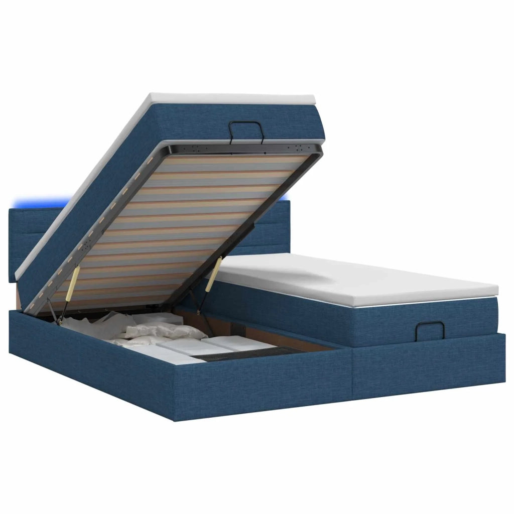 Letto Ottomano con Materasso e LED Blu 160 x 200 cm Tessuto 3457251