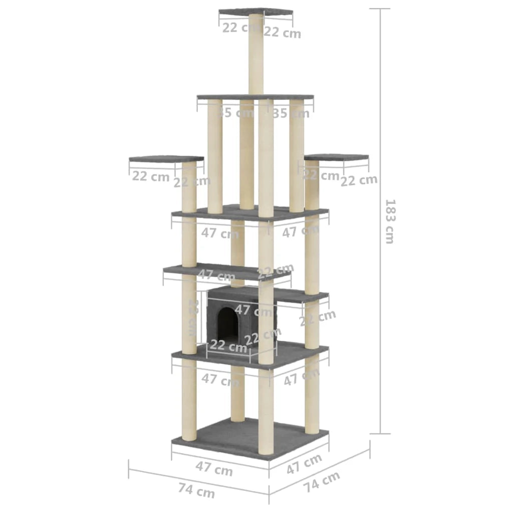 Tiragraffi per gatti torre per arrampicata giocattolo piattaforma per arrampicata con tiragraffi in sisal scuro 183 cm grigio 02_0022690