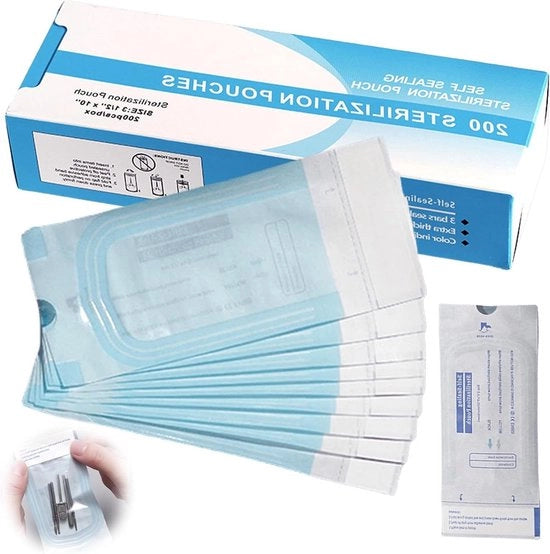 Sacchi di sterilizzazione per uso monouso con chiusura autoclavabile adesiva per strumenti dentistici - 90 x 260 mm.