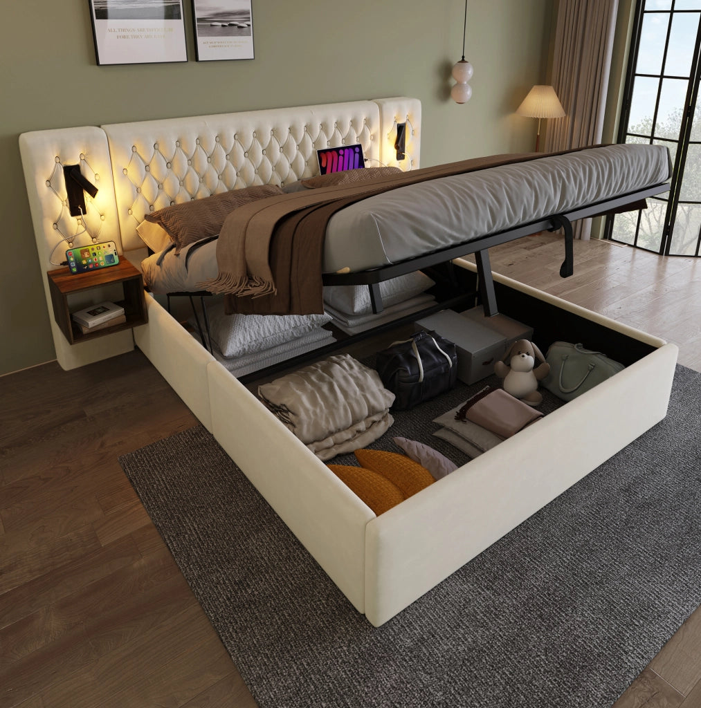 Bettgestell 180x200 cm con contenitore idraulico; 2 comodini; luci lettura USB e Type-C; beige