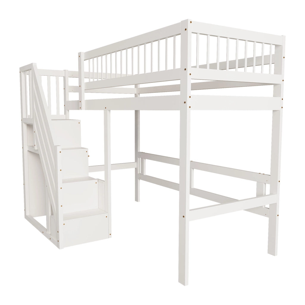Letto a Soppalco Letto Singolo con Scala Contenitore e Sponde; 90 x 200 cm; senza Materasso; Bianco
