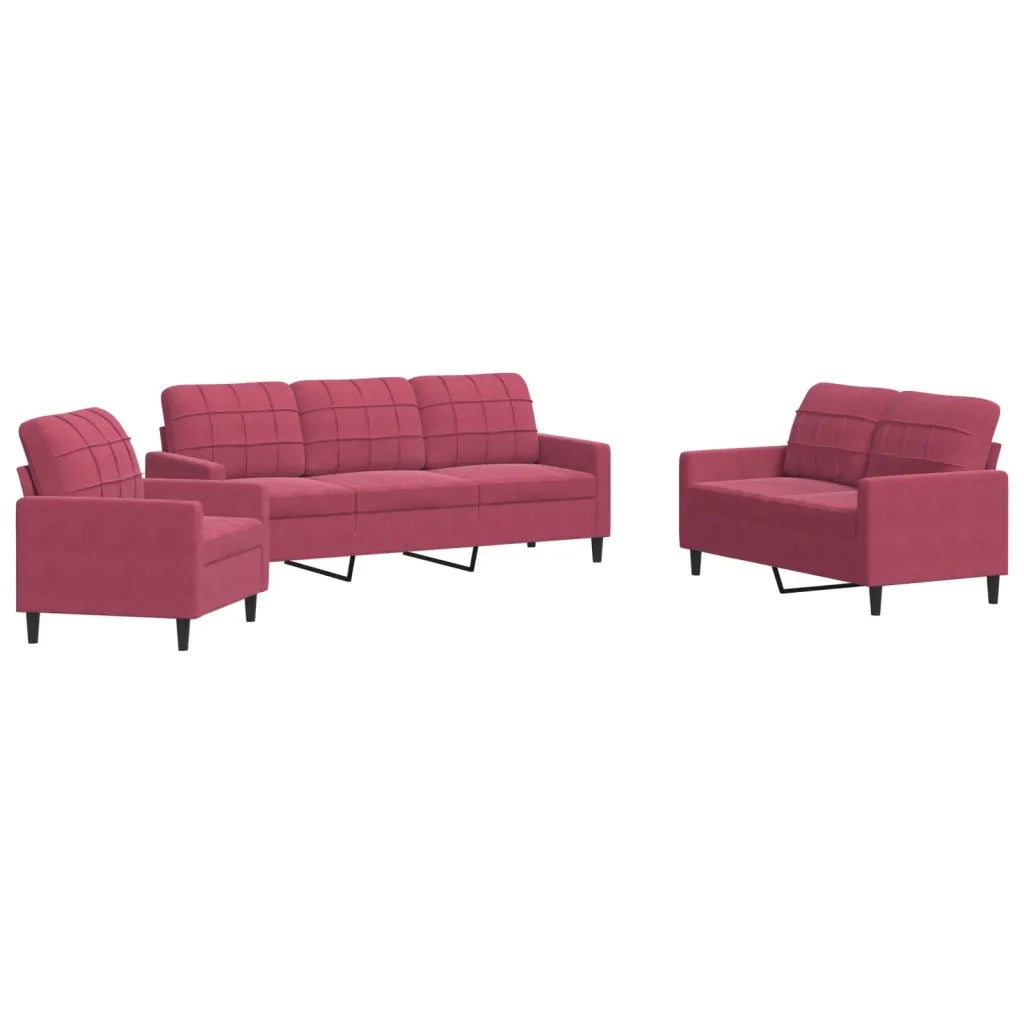 Set di Divani 3 pz con Cuscini Rosso Vino in Velluto 3278355