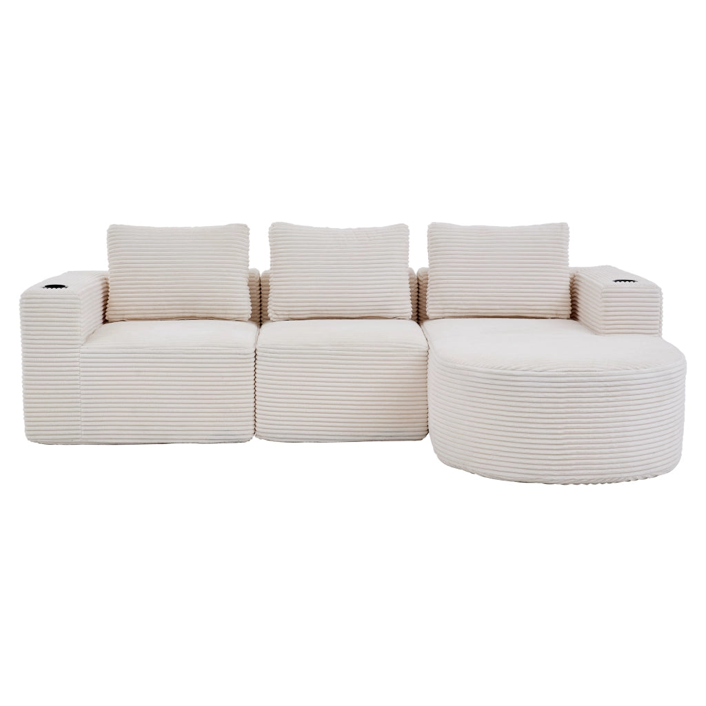 Divano lineare 2 posti con 3 cuscini e 2 portabicchieri, tessuto in poliestere, Beige 265 cm