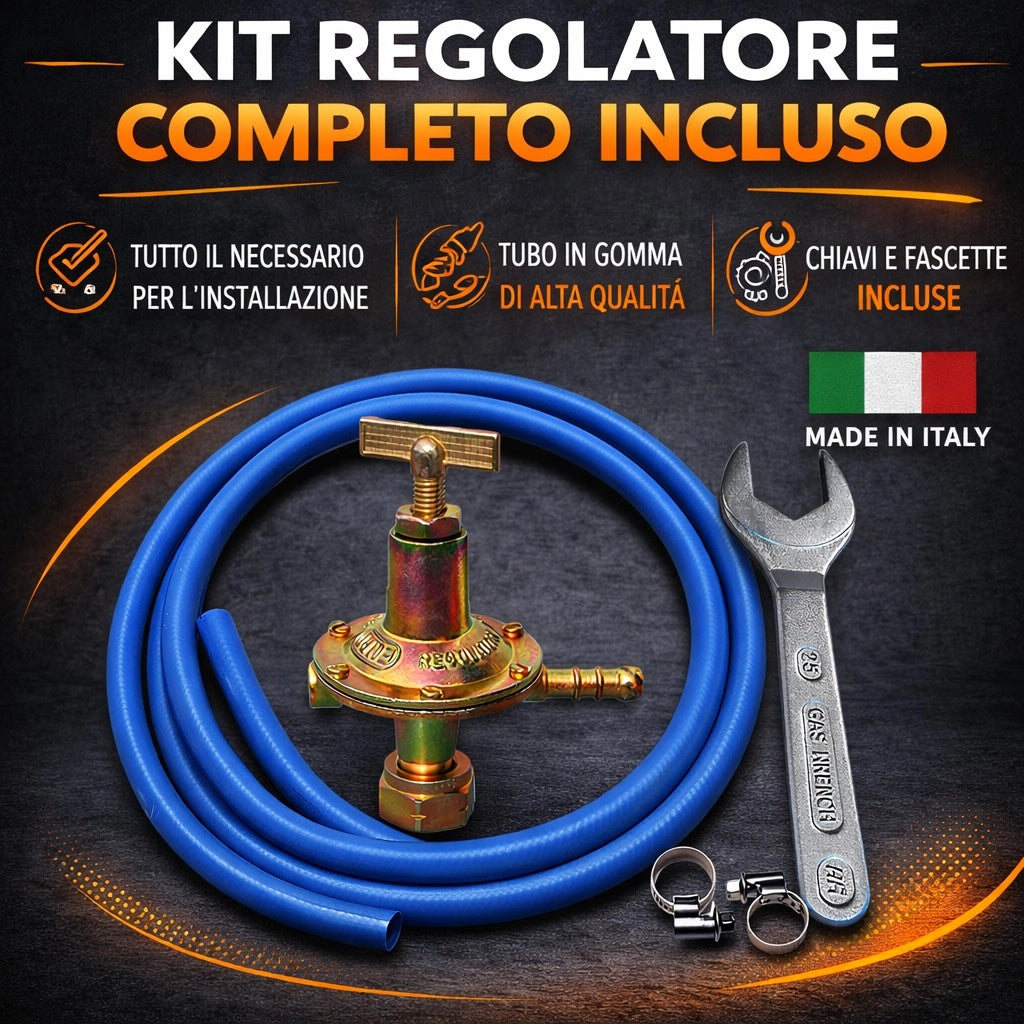 Fornello Fornellone a Gas 40x40 Professionale già Montato – Super Robusto con Bruciatore + Kit Regolatore con tubo e fascette – Made in Italy