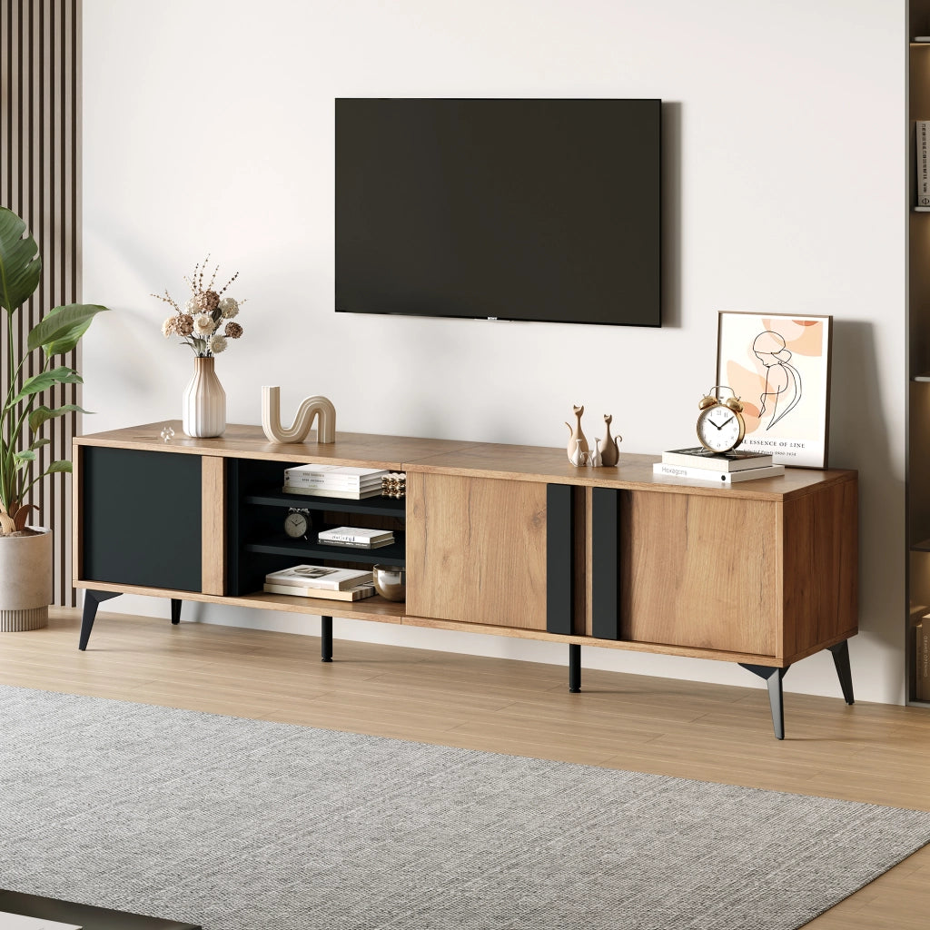 Mobile TV 180 cm con 3 Ante e 4 Vani Aperti e Passacavi; Stile Rustico; Marrone e Nero