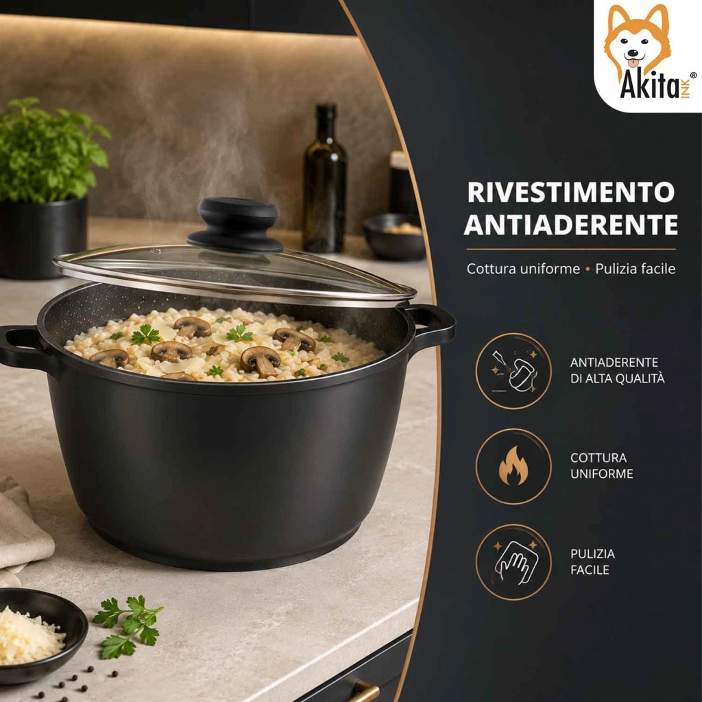 Akitaink Pentola Alluminio Pressofuso Coperchio Vetro 24 cm
