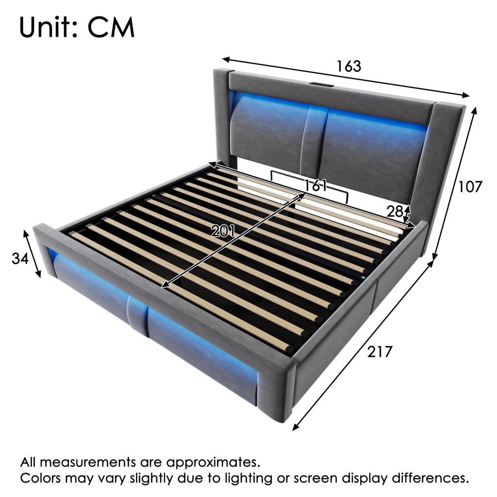 Letti contenitori 160x200 cm con contenitore; LED e ricarica USB; velluto; grigio (Senza materasso)