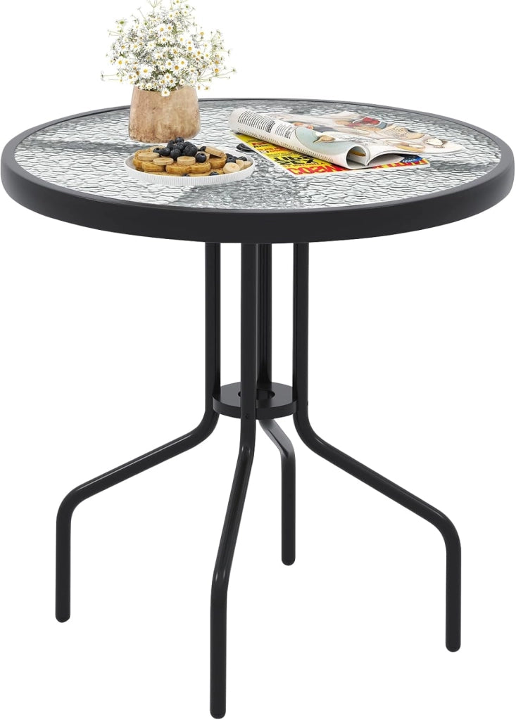 Tavolo da Giardino Rotondo 70 cm, Tavolino da Balcone in Vetero e Metallo, con Foro per Ombrellone 4 cm, per Giardino Patio Cortile, Portata 50 kg (70 x 70 cm)