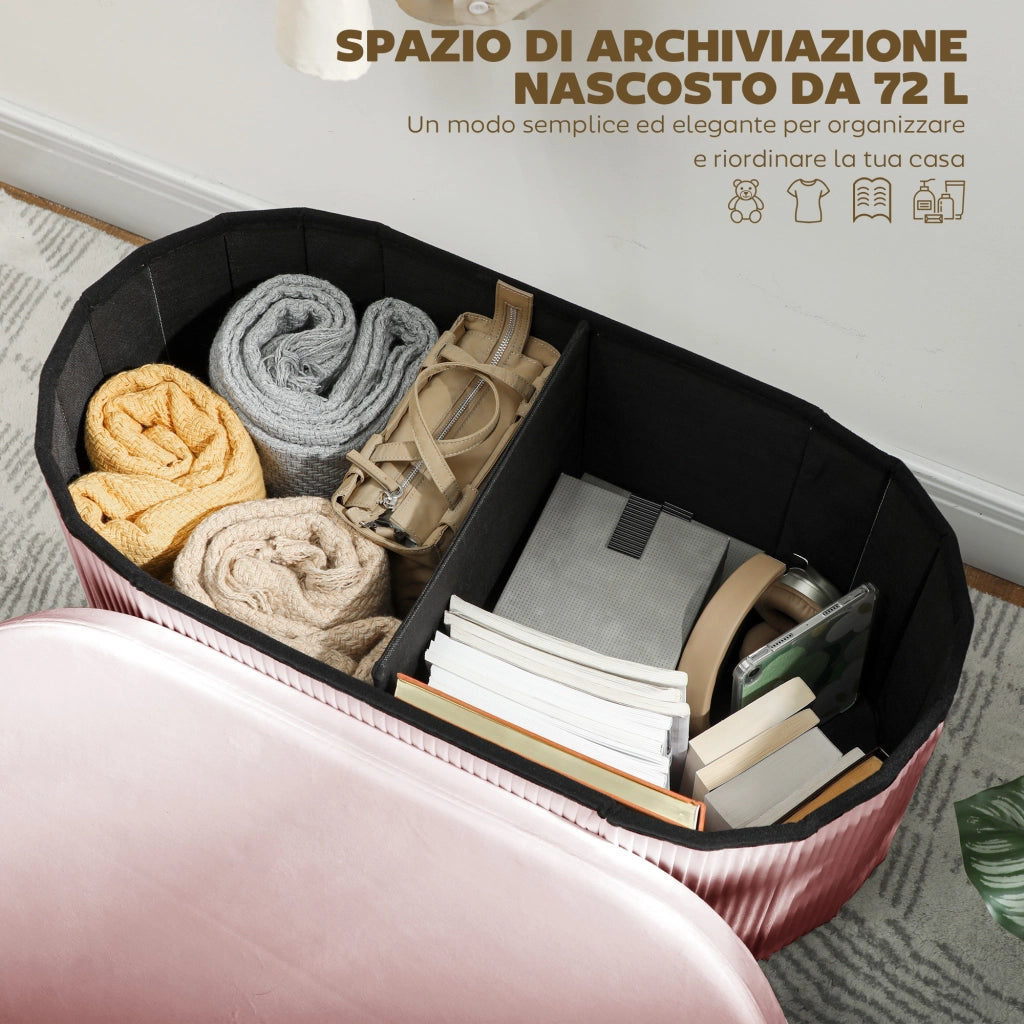 Pouf Contenitore Pieghevole 76x38x35 cm con Vano da 72L e Rivestimento in Velluto Rosa