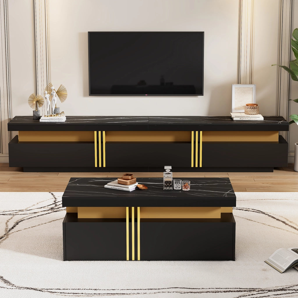 Mobile TV e Tavolino da Salotto con 3 Cassetti e 2 Cassetti; Pannelli di Truciolare; Nero