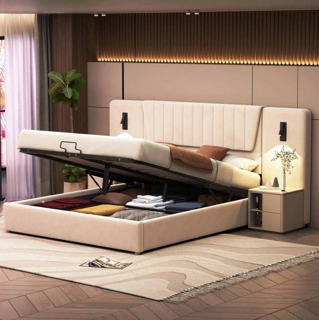 Letto imbottito 180x200 cm con contenitore idraulico, lampade USB e velluto beige